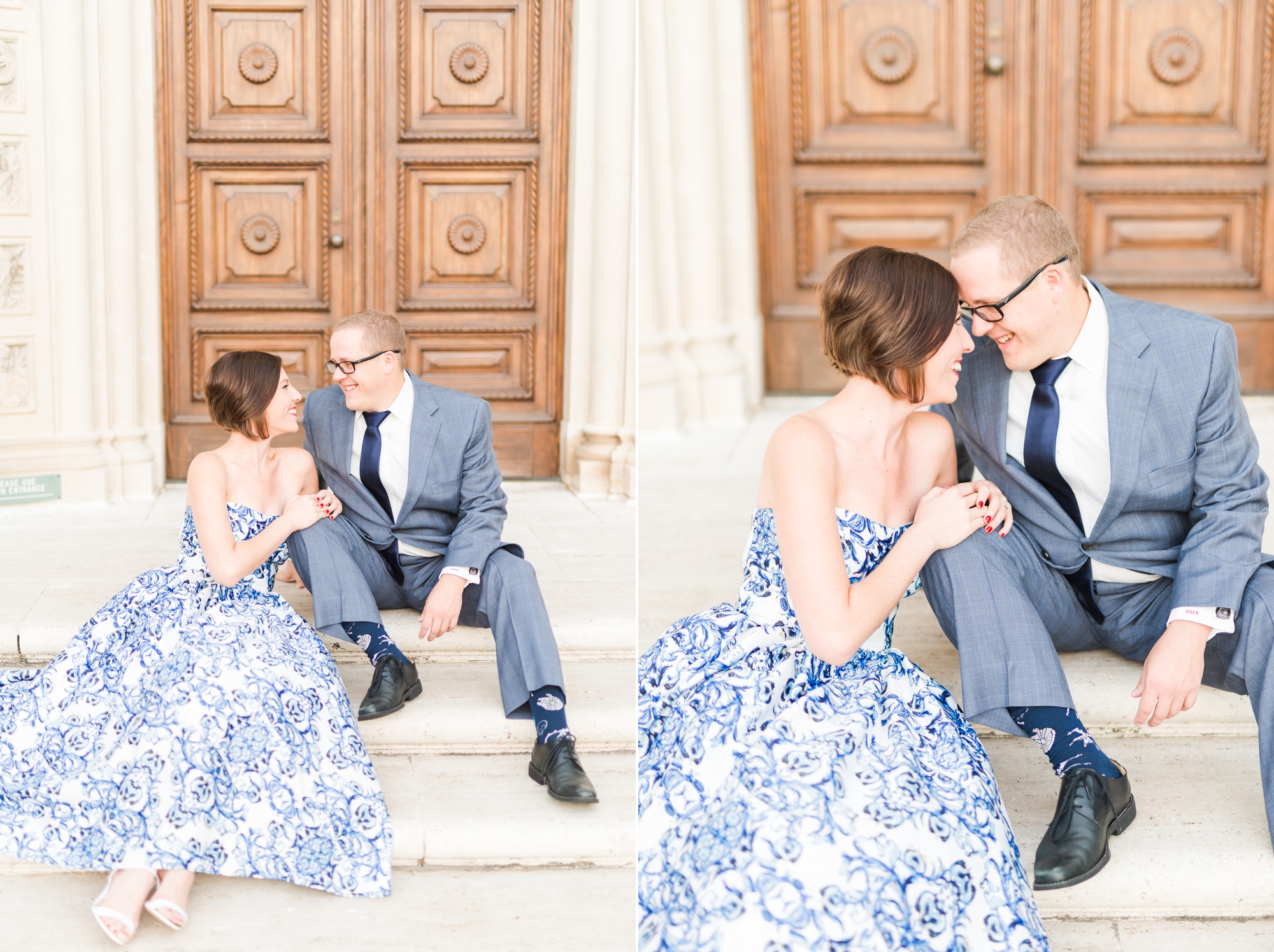 engagement dress and couple pose in front of large door in los angeles