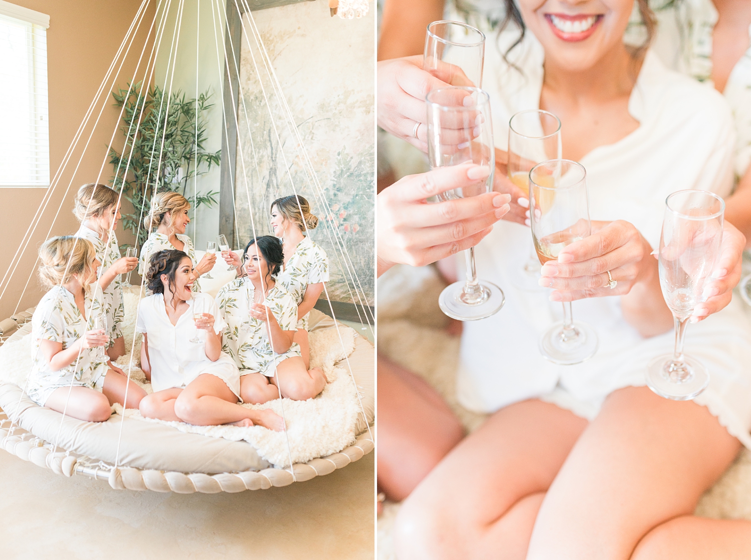 Bridesmaid toasting with champagne while getting ready / bridal party photos