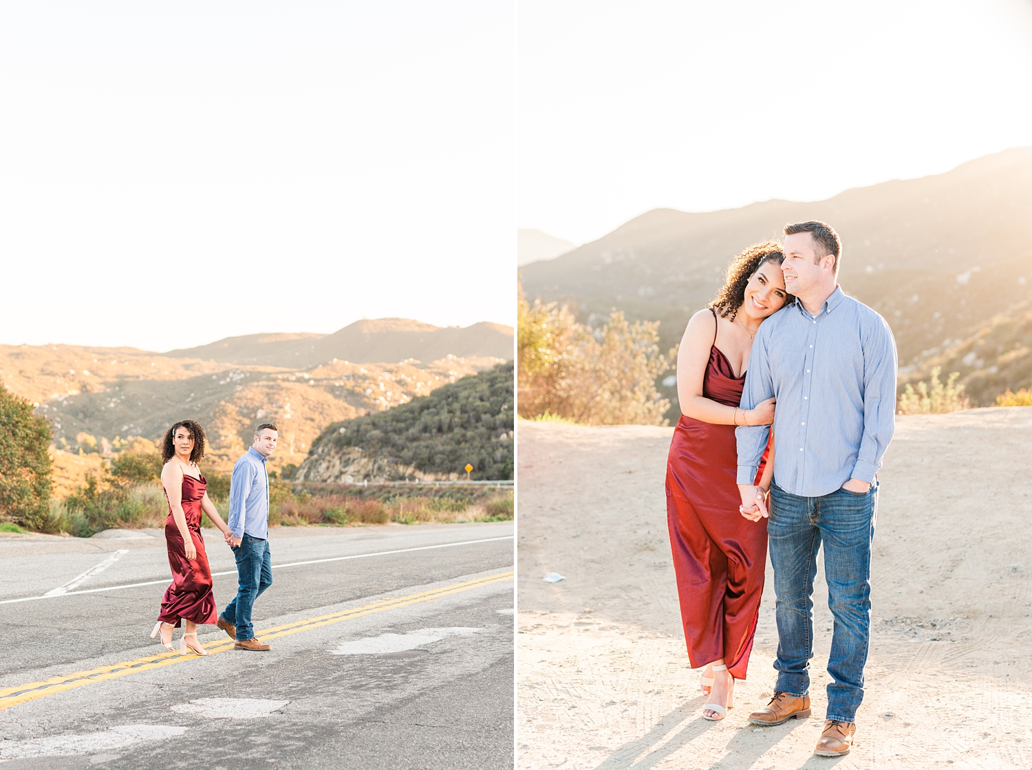 engagement photos at sunset with a red dress