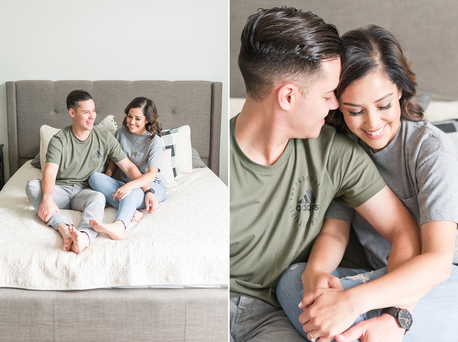 engaged couple have their engagement photos done at home  in bed together