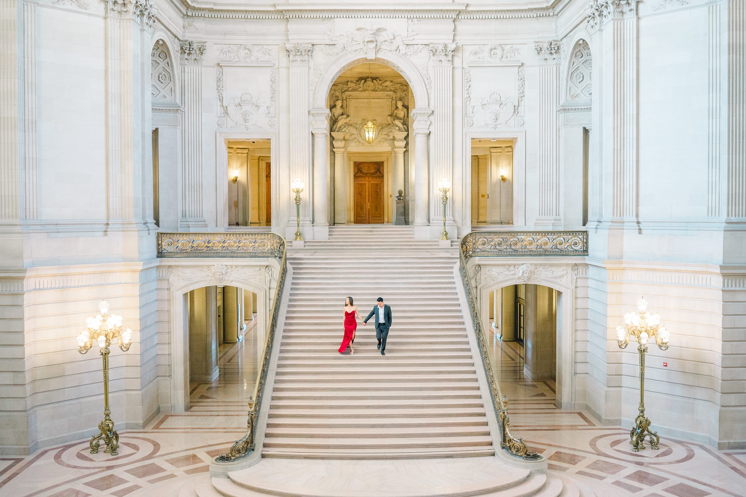 Romantic San Francisco City Hall Engagement and Elopement | Fine Art Wedding Photographer | Red dress | San Francisco Engagement