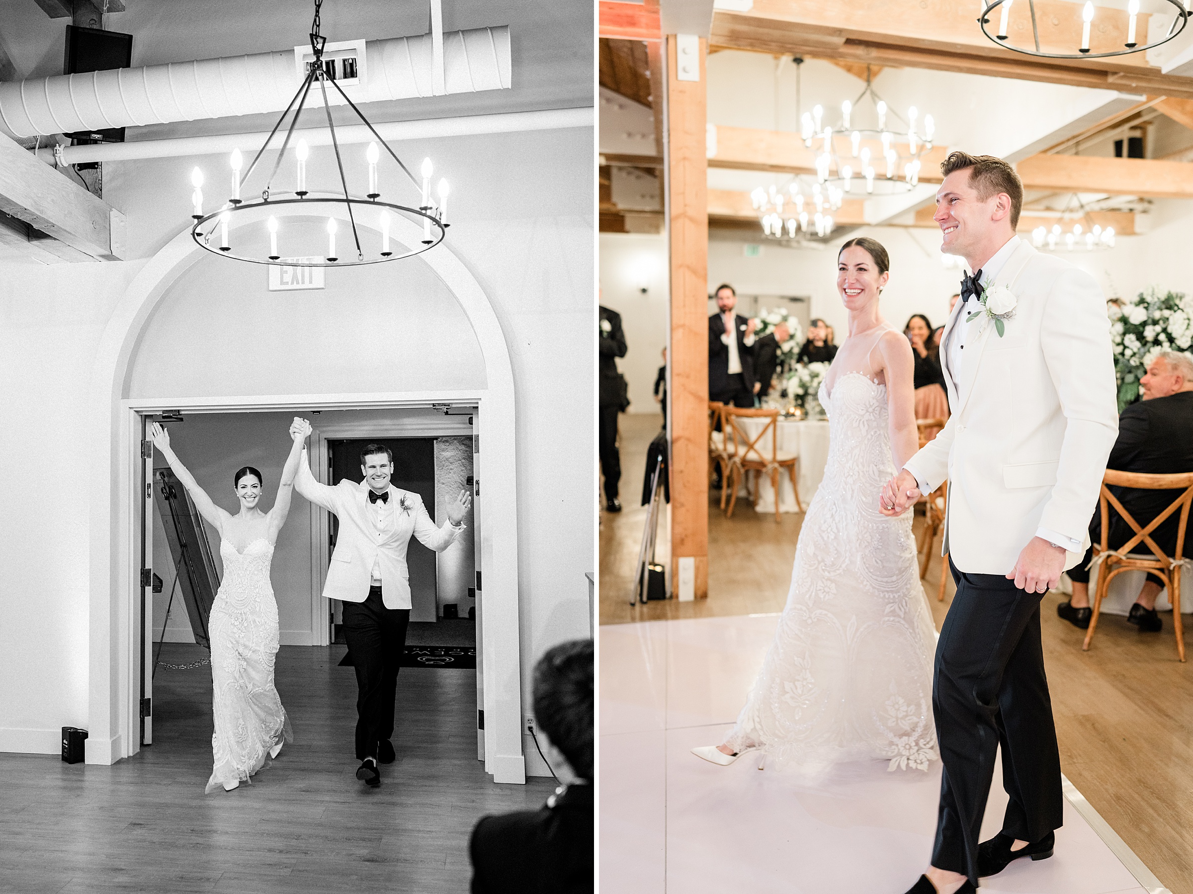 elegant wedding reception | black and white | all white flowers | wedding reception grand entrance 