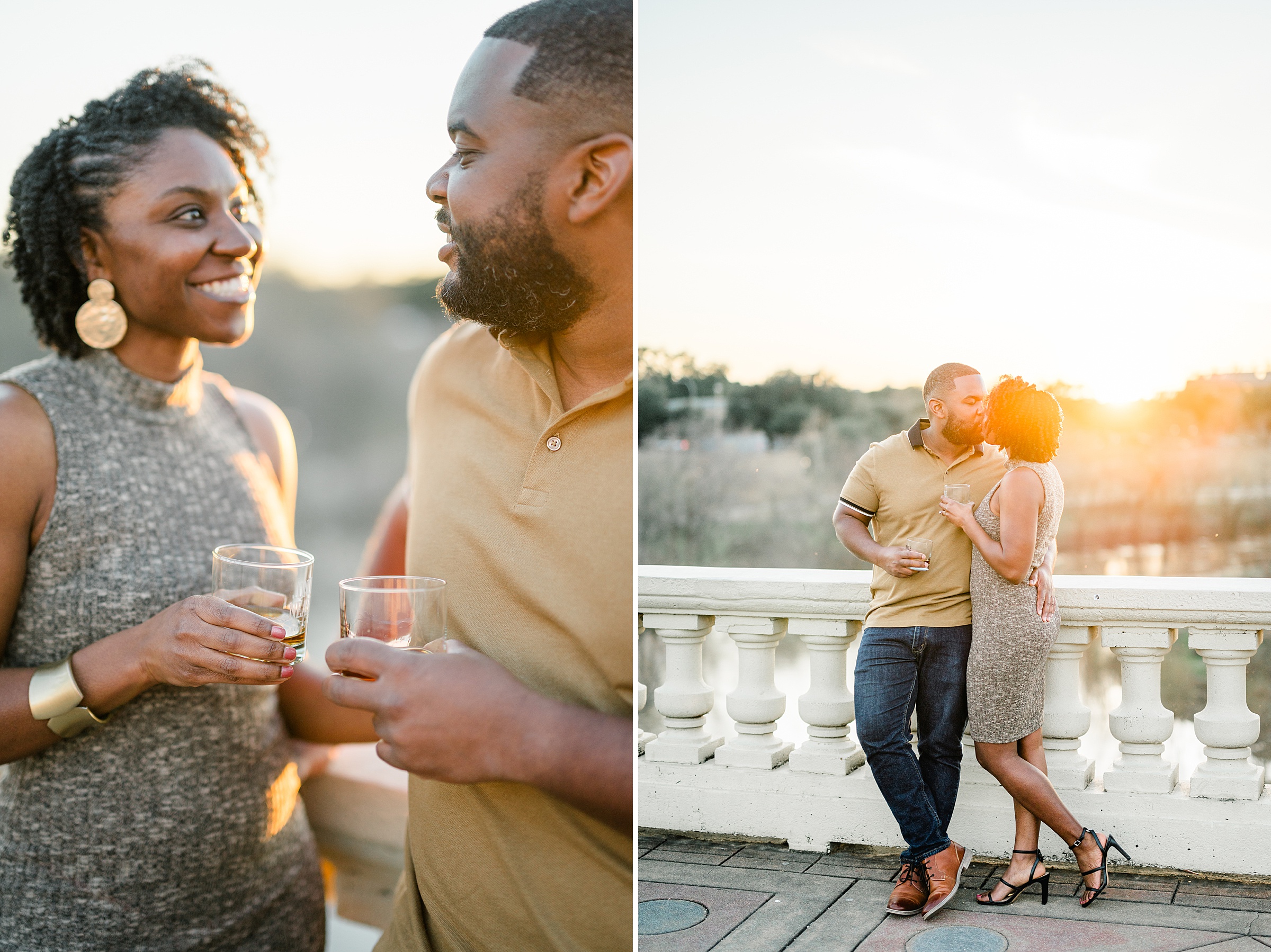 whiskey glasses and downtown bridge for their engagement session in Houston Texas