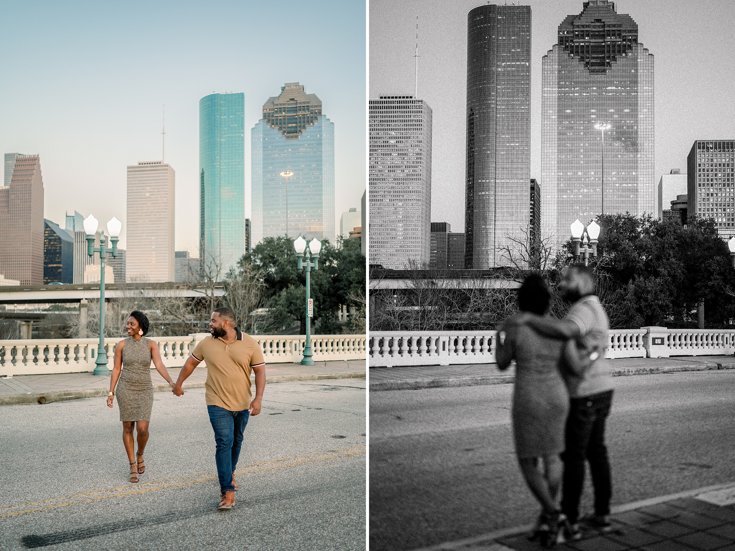 whiskey glasses and downtown bridge for their engagement session in Houston Texas