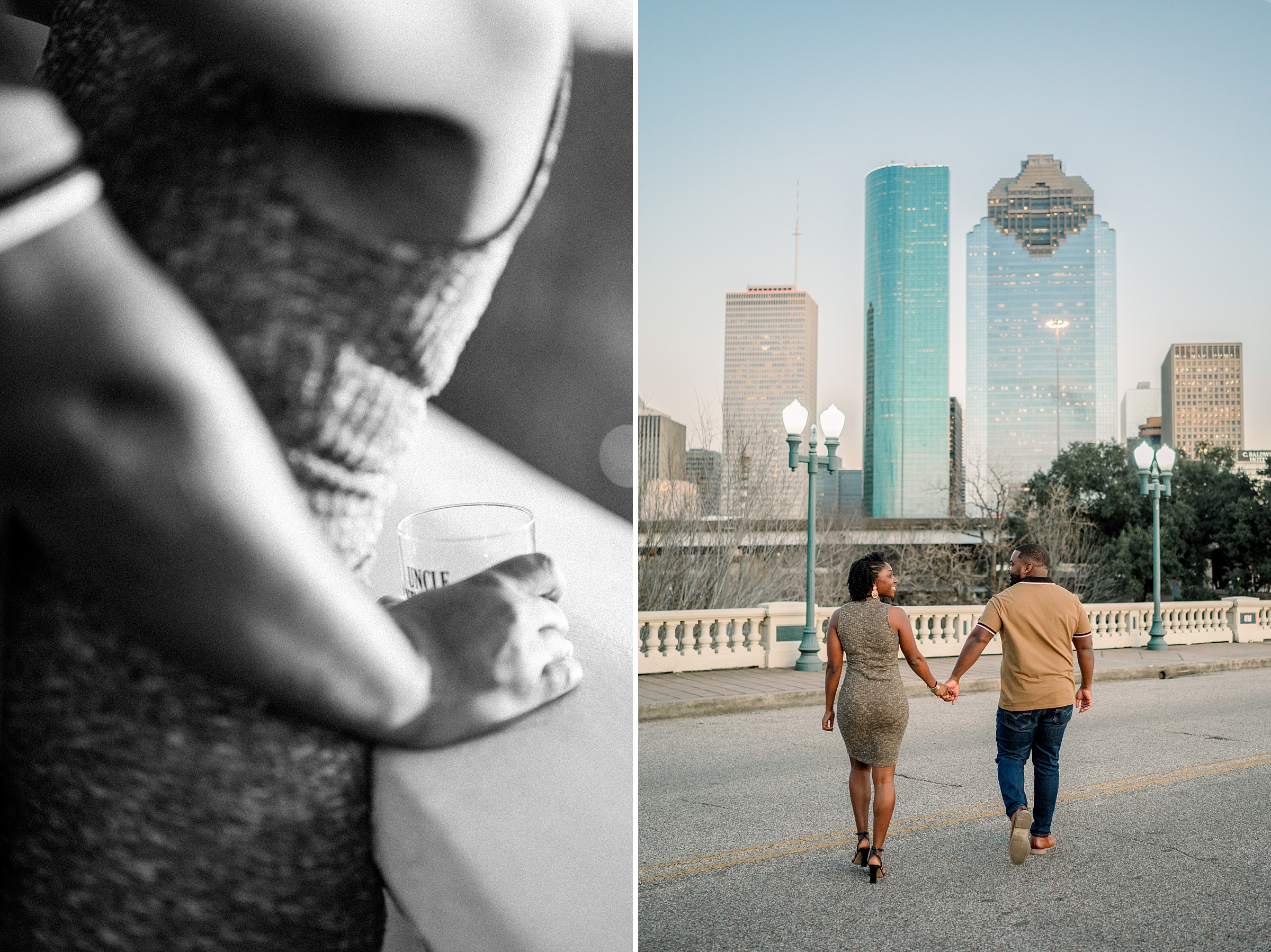 whiskey glasses and downtown bridge for their engagement session in Houston Texas