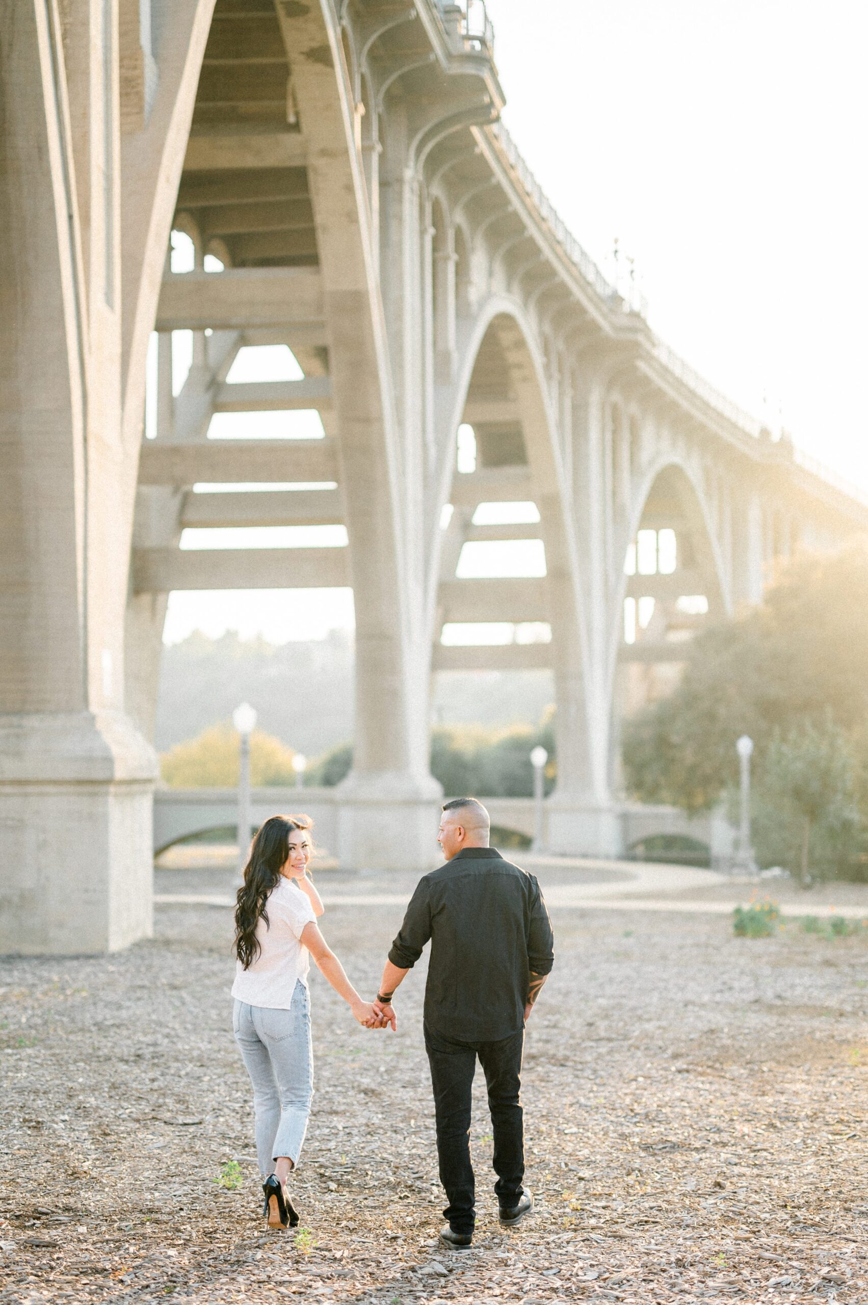 Colorado bridge engagement photos at sunset 